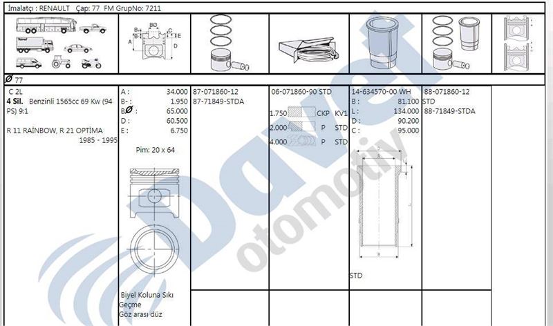 MAHLE 0222990 Motor Kiti Std 76mm Renault R9  R12 1400